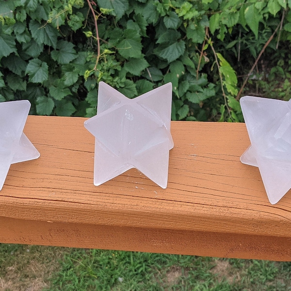 4" One Polished SELENITE MARKABA 8 point star-2 infused Pyramids Morocco - P509