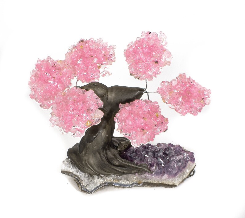Beautiful Rose Quartz Gemstone Bonsai Tree On AMETHYST 6 Petals Brazil T28