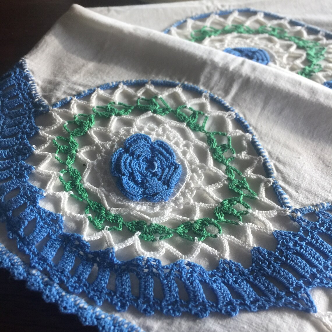 Vintage Crocheted Pillow Cases Blue Rosebud Flowers Cotton Etsy