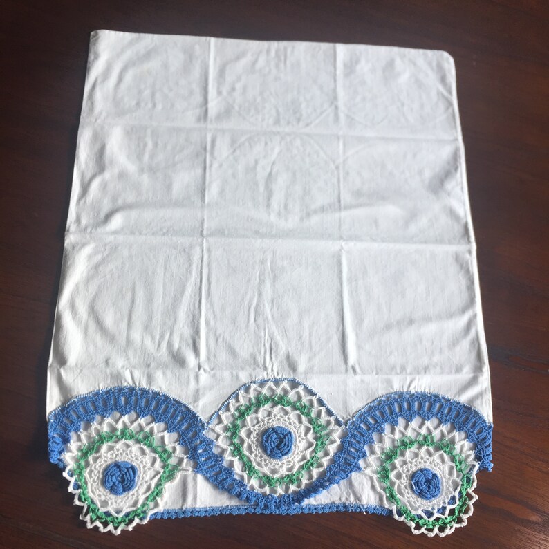 Vintage Crocheted Pillow Cases Blue Rosebud Flowers Cotton Etsy