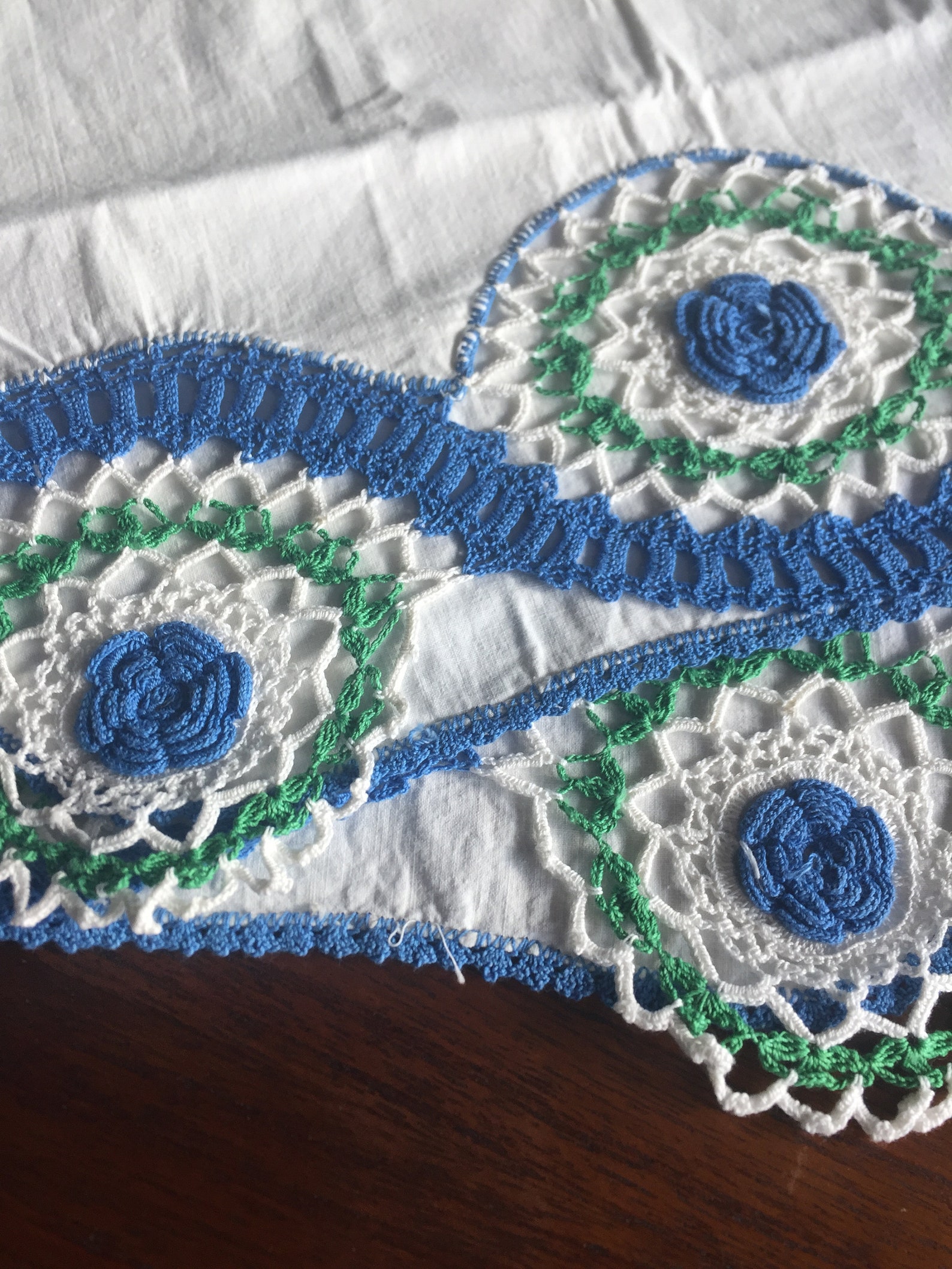 Vintage Crocheted Pillow Cases Blue Rosebud Flowers Cotton Etsy