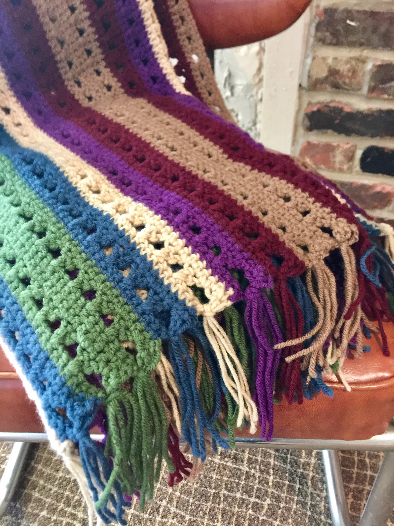 Large hand crocheted multi colored striped afghan blanket Etsy