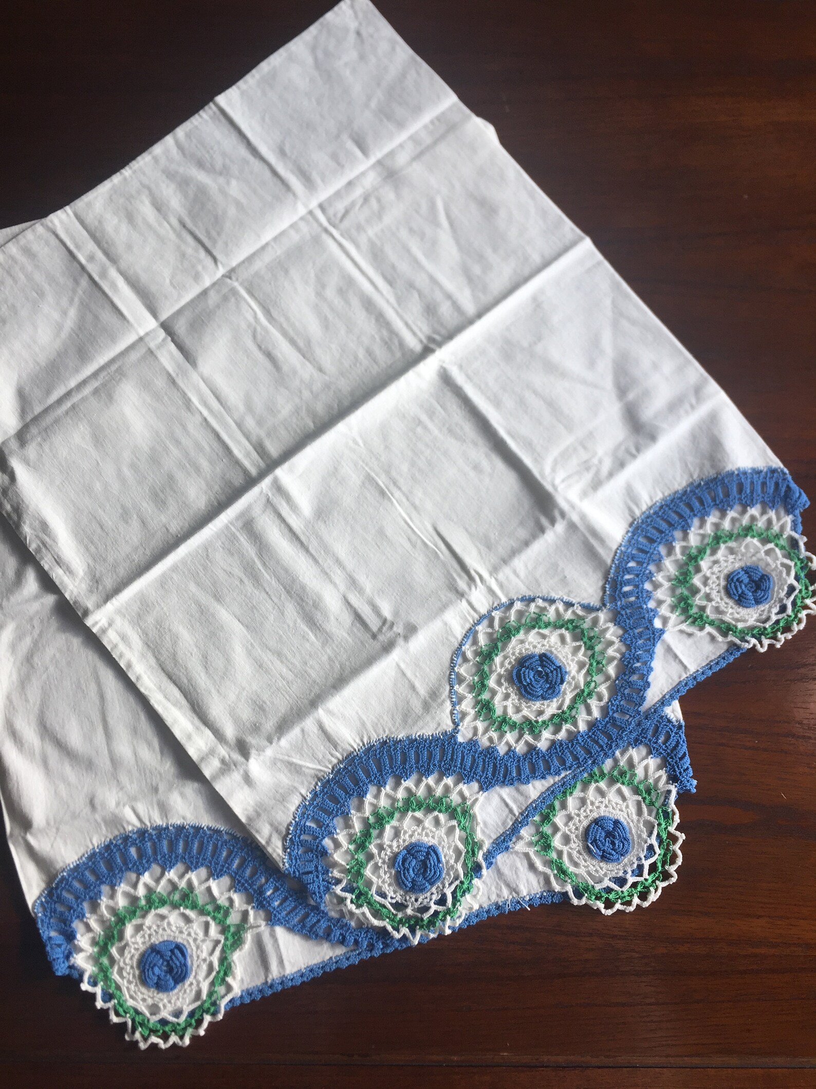 Vintage Crocheted Pillow Cases Blue Rosebud Flowers Cotton Etsy