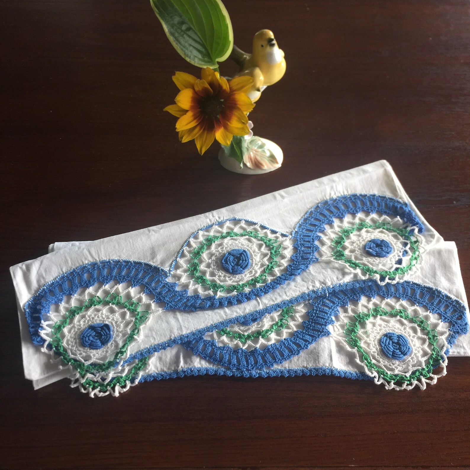 Vintage Crocheted Pillow Cases Blue Rosebud Flowers Cotton Etsy