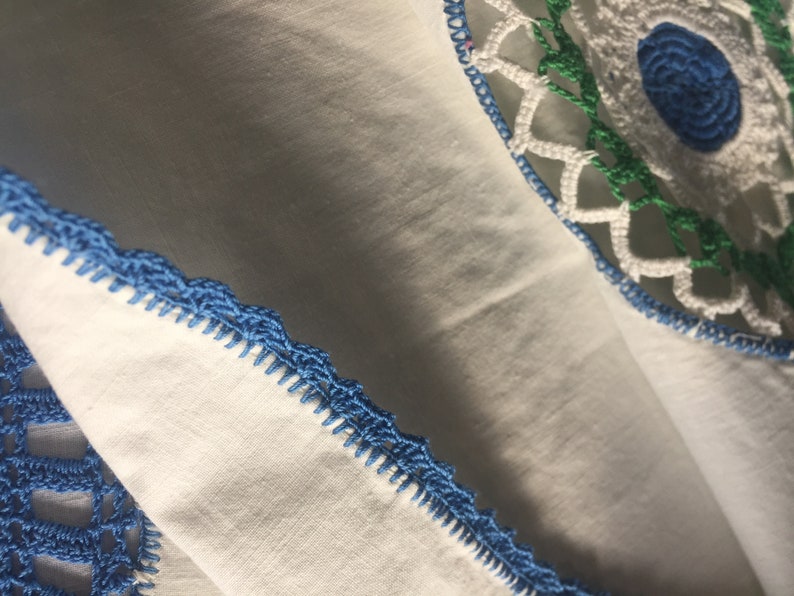 Vintage Crocheted Pillow Cases Blue Rosebud Flowers Cotton Etsy