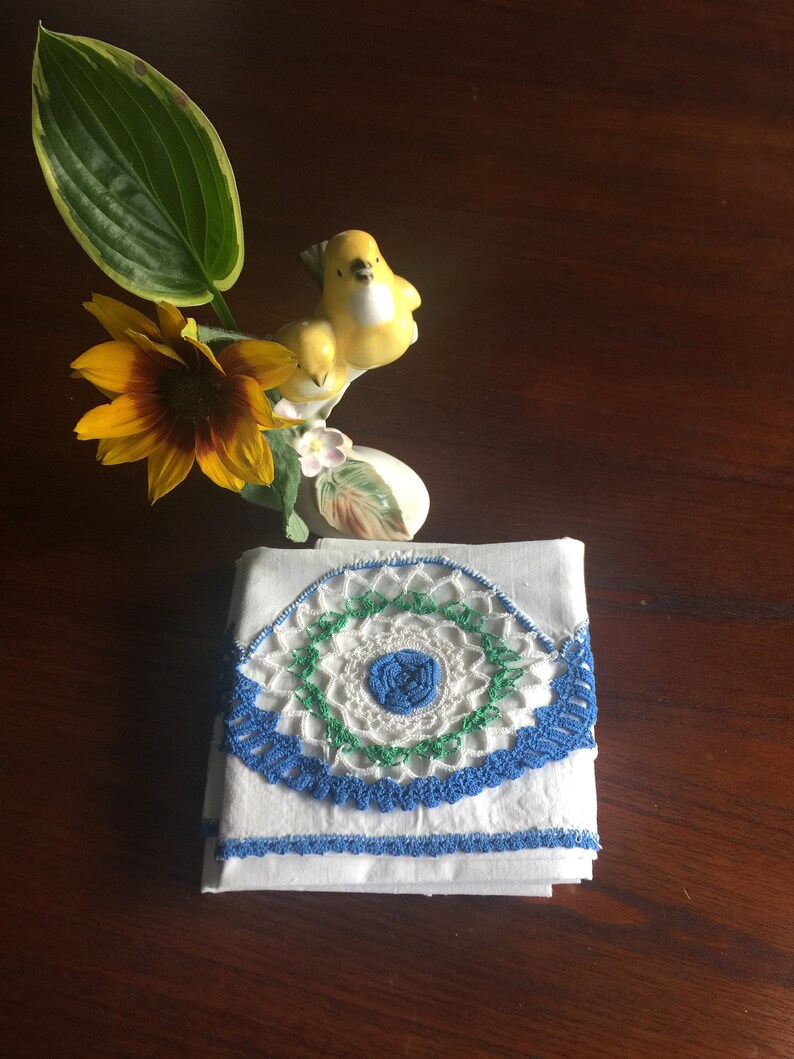Vintage Crocheted Pillow Cases Blue Rosebud Flowers Cotton Etsy