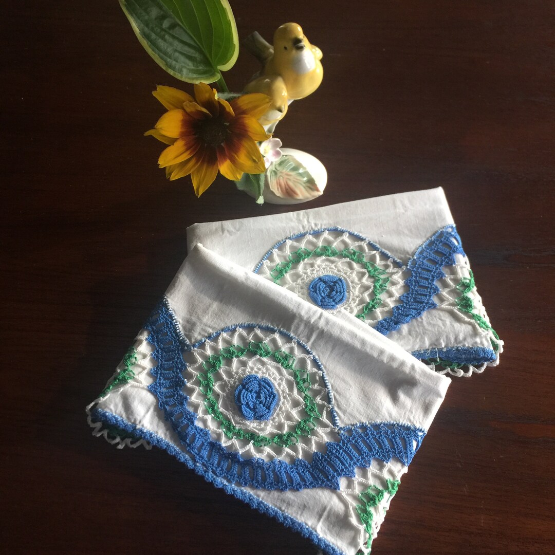 Vintage Crocheted Pillow Cases, Blue Rosebud Flowers, Cotton, Hand