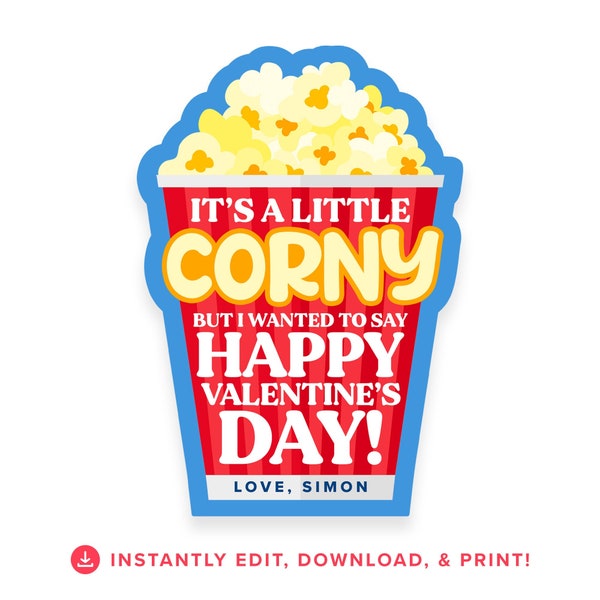 Corny Popcorn Valentine | Popcorn Kernel Bags | Non-Candy Valentine | Classroom | Edit, Download, & Print | Templett | 4x6