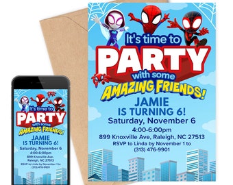 May include: A blue and red party invitation with a cartoon image of Spider-Man and Spider-Gwen. The invitation says "It's time to party with some amazing friends!" and includes the details for Jamie's 6th birthday party.