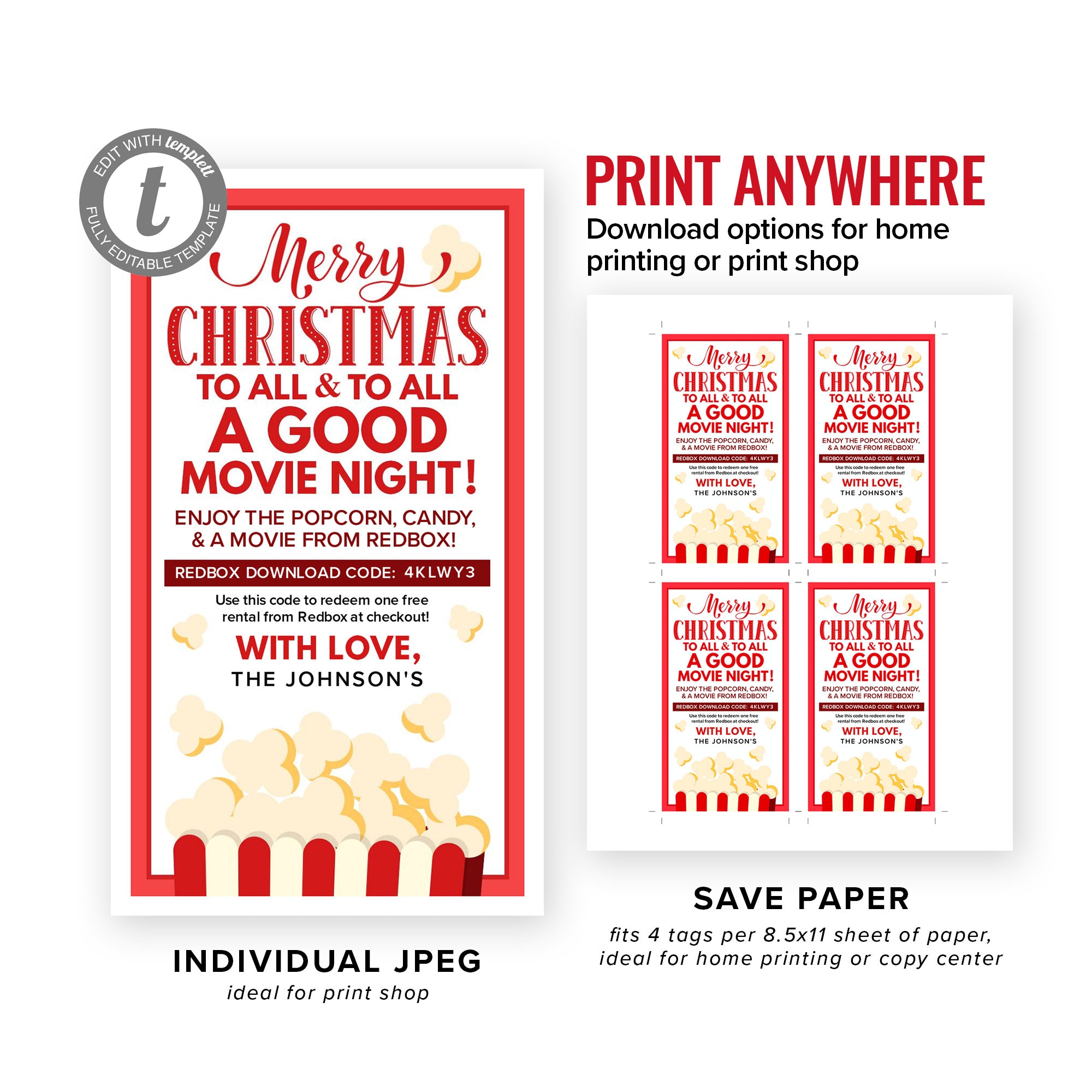 movie-night-gift-tag-redbox-christmas-gift-popcorn-gift-printable-holiday-tag-editable-text-instant-download-templett-3x2-5-etsy