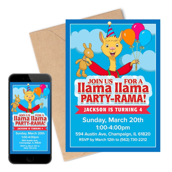 Llama Llama Party-rama | Birthday Invitation | Red Pajama | Digital Printable Birthday Party Invitation | Text Invitation Template