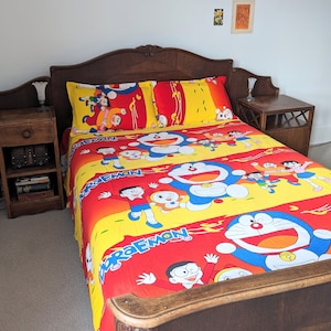 Zestaw prześcieradeł i poduszek Doraemon z lat 90., ręcznie robiony, w kolorze