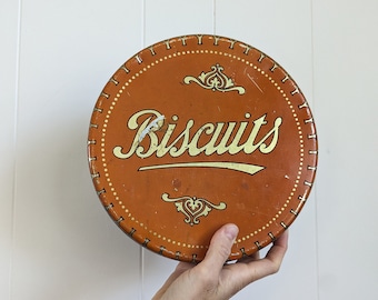 Vintage 1940s Ornate Orange Round Biscuits Tin