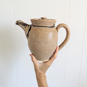 May include: A brown ceramic teapot with a lid and a black stripe around the top. The teapot has a speckled texture.