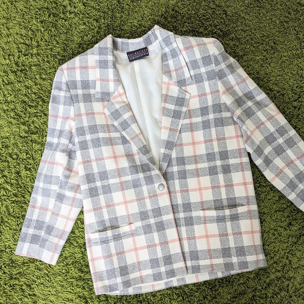 Vintage 1980s Plaid Wool Blend Blazer in Grey, Pink, and Cream by Collections Internationale