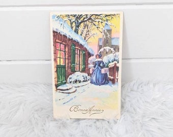Unused Vintage 1940s New Years Post Card French Bonne Annee Postcard Stationary Wall Hanging Decor Winter Scene