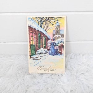 Carte postale vintage des années 1940 pour le nouvel an, carte postale française Bonne Annee, stationnaire, décoration murale, scène d'hiver
