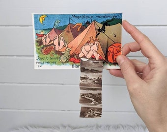 Unused Vintage 1940s Comic Post Card French Camping Postcard Stationary Wall Hanging Decor Pop Out Accordian Picture Album Postcard Pop Up