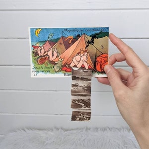 Carte postale comique vintage des années 40 inutilisée, camping français, carte postale fixe, décoration murale, décoration pop-up, album photo accordéon, carte postale pop-up
