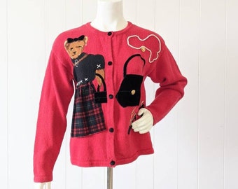 Cardigan vintage in maglia anni '90 di Fables Fancy Dressy Bear con bottoni in velluto