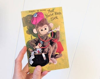 Vintage 1960s Adorable Monkey Get Well Greeting Card Bright Fun Colors 60s Don't Monkey Around