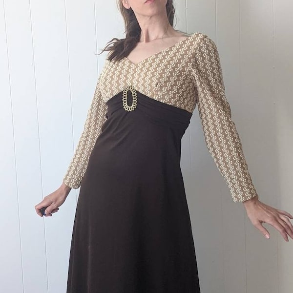 Vintage 1970s Gold Lurex and Brown Maxi Dress by Sandy Gray Montreal Long Sleeve Deep V Back