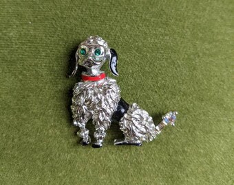 Vintage 1980s Silver Metal Poodle Brooch with Rhinestone eyes and tail Pin Cute Jewellery Jewelry