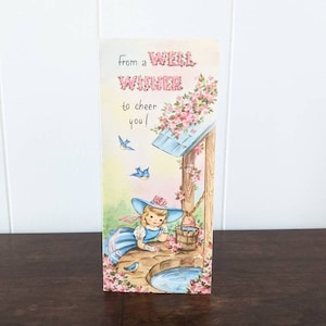 1970er Jahre Well Wünsche Grußkarte Gute Besserung Karte Niedliche Pastoral Cottage Blumenkarikatur mit Rotkehlchen und Blumen