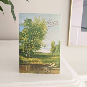 Carte de voeux lithographie « Keeping in Touch » des années 1960, image pastorale