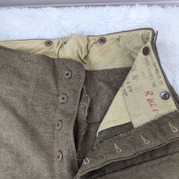 Vintage 1950s Mens Wool Trousers Olive Green by Clothing Co. Ltd. Military Field Pants Button Up Green Wool Pants Battledress Trousers Serge