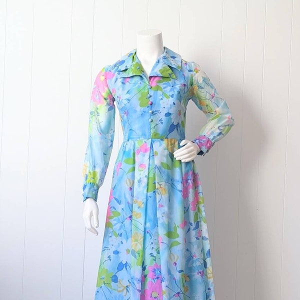 Vintage Early 1970s Blue Floral Maxi Dress Long Sleeve V Neck A Dress Town Original