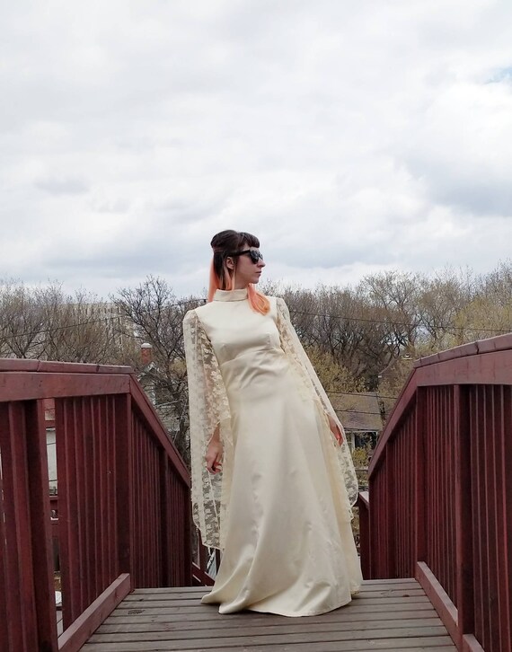 Vintage 1970s Ivory Wedding Dress Bell Sleeves 70s High Neck Etsy