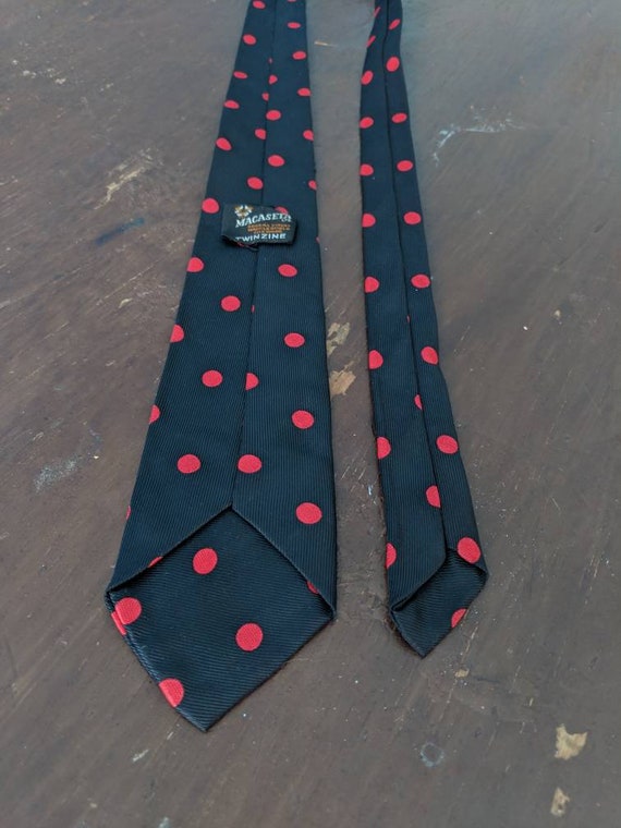 Vintage 1960s Necktie Skinny Tie 60s Macaseta Ltd Classic Necktie Polka Dots Black and Red Rockabilly Teddy Boy