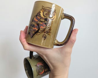 Set of Two Vintage 1960s Green and Lighter Green Owl Mugs