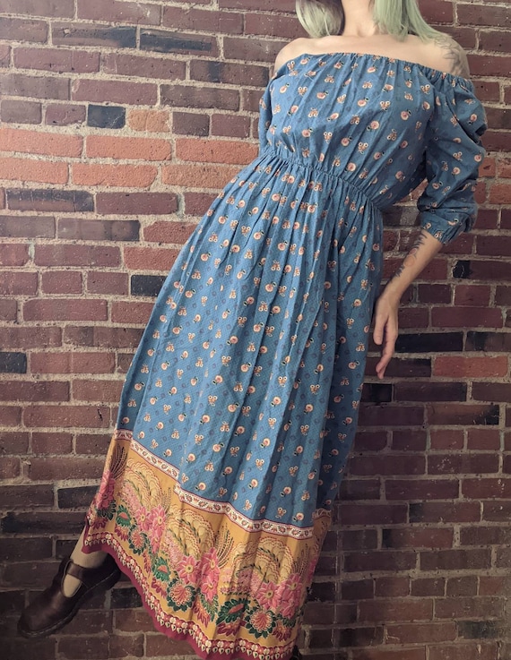 Vintage 1970s Peasant Sleeve Blue Cotton Dress Off
