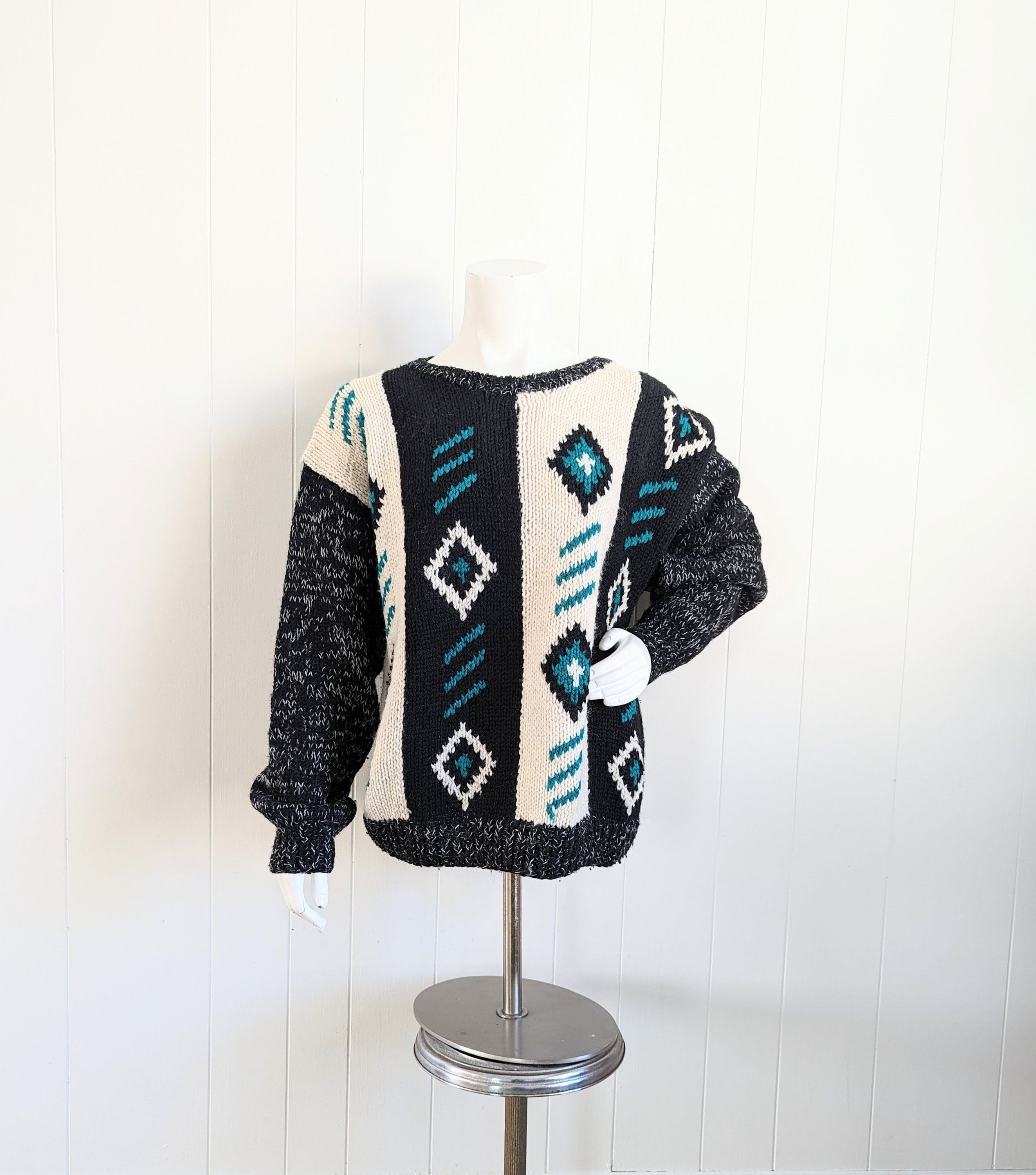 Vintage 1980s Black White and Teal Patterned Wool Sweater