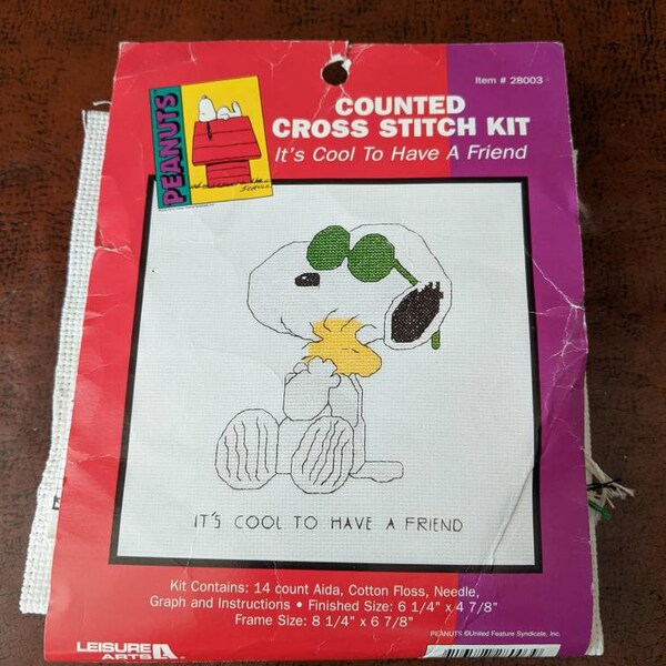 Vintage jaren 1980 geteld Cross Titch Kit It's Cool To Have A Friend Snoopy en Woodstock Peanuts Charlie Brown Charles Schulz