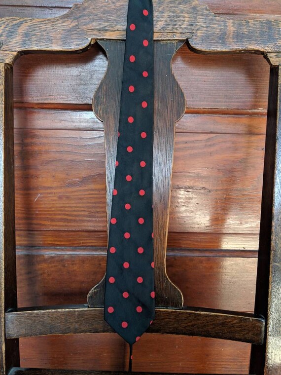 Vintage 1960s Necktie Skinny Tie 60s Macaseta Ltd Classic Necktie Polka Dots Black and Red Rockabilly Teddy Boy