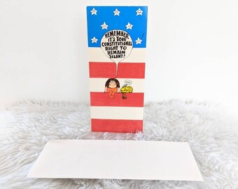 Unused Vintage 1970s 1979 Constitutional Right to Remain Silent Greeting Card Cute Message Cartoon Character 70s American Flag Card