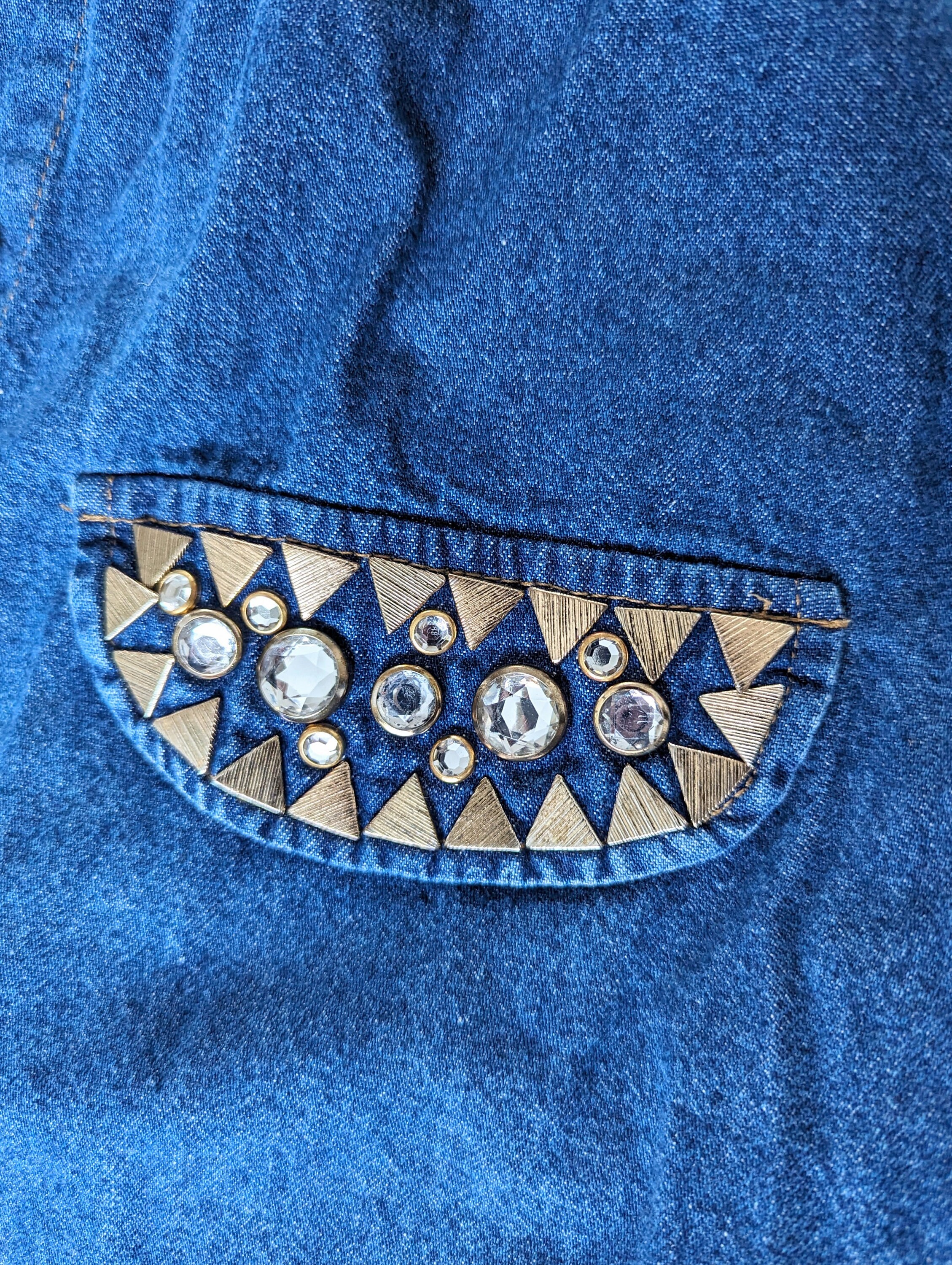 Vintage 1990s Bedazzled Jean Shirt With Faux Pockets and