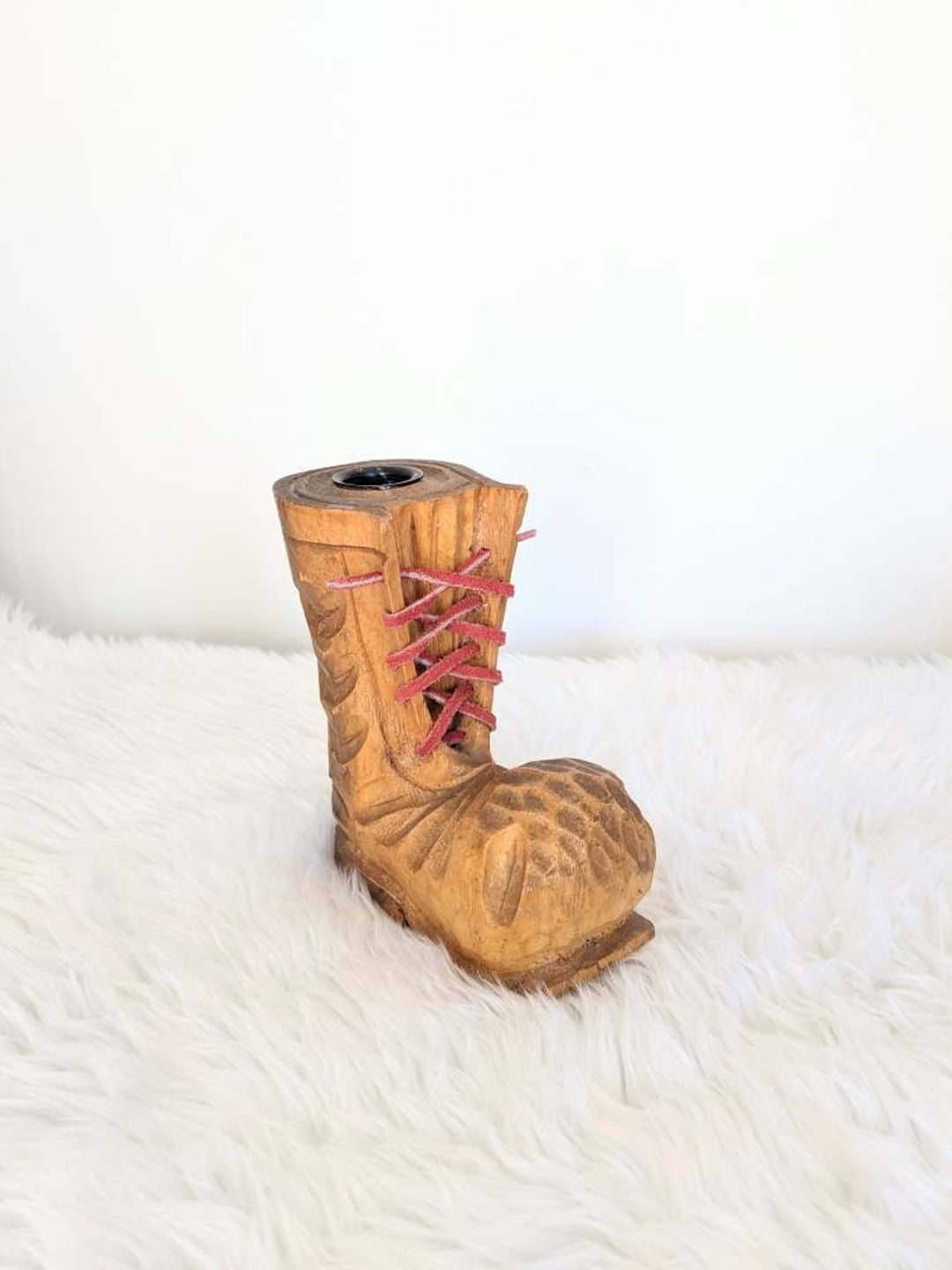 Vintage 1970s Carved Wooden Shoe Boot Candle Holder With Red