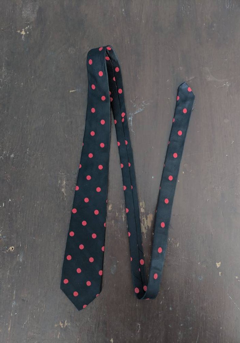 Vintage 1960s Necktie Skinny Tie 60s Macaseta Ltd Classic Necktie Polka Dots Black and Red Rockabilly Teddy Boy