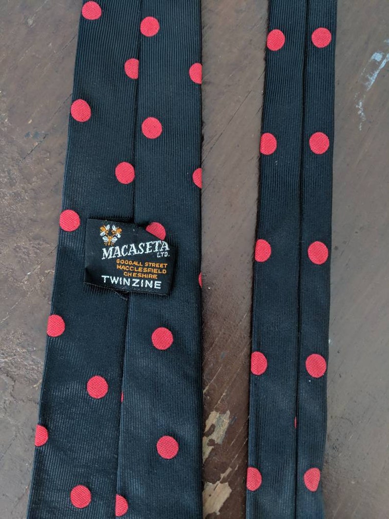 Vintage 1960s Necktie Skinny Tie 60s Macaseta Ltd Classic Necktie Polka Dots Black and Red Rockabilly Teddy Boy
