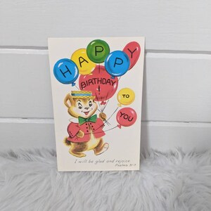 Carte postale d'anniversaire mignonne vintage des années 1950 inutilisée ours tenant des ballons joyeux anniversaire Psaumes 31: 7 papeterie vintage