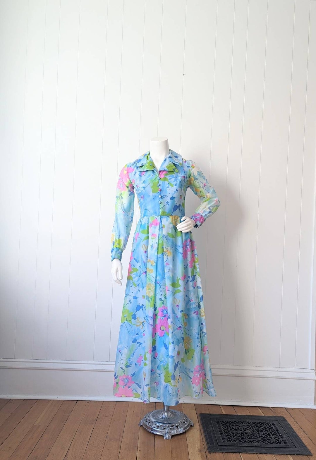 Vintage Early 1970s Blue Floral Maxi Dress Long Sleeve V Neck A Dress ...