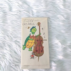 Carte de rétablissement sur le thème des tortues et des souris mignonnes vintage des années 1960 Carte de voeux « New Old Stock » sur le thème de la musique