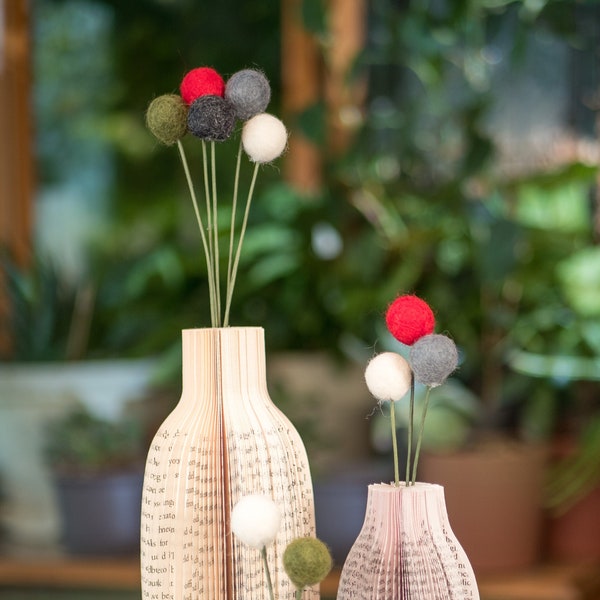 Felt Ball Flower Decor with Book Vase-Set of 3 (s,m,l)-Christmas Decor-Holiday Decor-Billy Ball Decor-Craspedia Flowers