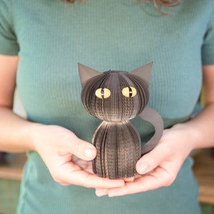 May include: A black paper cat with yellow eyes is being held by a person. The cat is made of folded paper and has a tail that curls around its body.