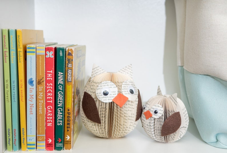 May include: Two book-shaped owls, one brown and one white, with large black eyes and orange beaks, are displayed on a white shelf with a row of colorful children's books behind them.