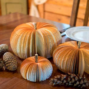 Op de afbeelding: Drie boekpagina-pompoenen op een houten tafel met dennenappels. De pompoenen zijn gemaakt van boekpagina's en zijn gevouwen in de vorm van een pompoen. De dennenappels zijn bruin en hebben een natuurlijke afwerking.